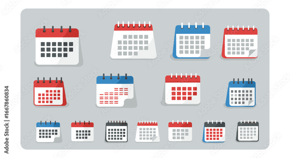 Poster flat style calendar icons set with spiral bindings in red and blue variants
