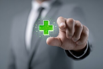 A businessman's hand, in a gray suit, interacts with a glowing green plus sign