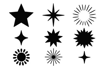 Star and burst silhouette icon set, celestial vector designs for creative projects, black vector cartoon illustrations with transparent background, ordered set 3, cosmic shapes