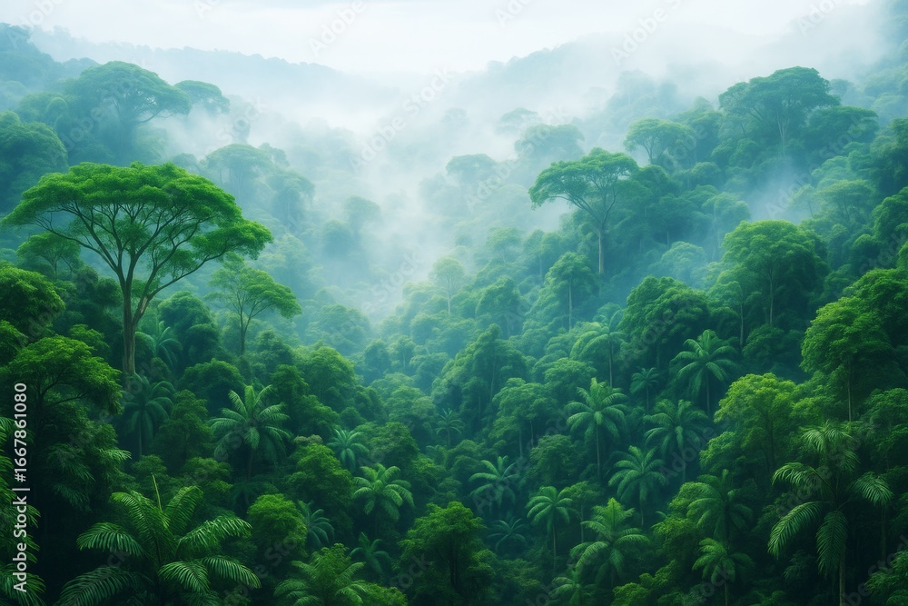 Poster Lush green rainforest with misty light filtering through dense jungle canopy in a dreamy atmospheric background perspective. Ai generative. Ai generative