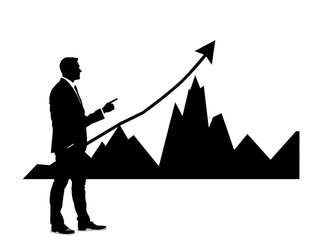 Fototapeta premium Silhouette Businessman Pointing at Upward Arrow over Mountain Graph