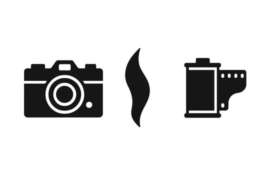 Vintage photography icon set. Solid glyph icons of analog film camera, 35mm film roll and light leak pictogram. Retro photo equipment concept. Vector design element. - Powered by Adobe