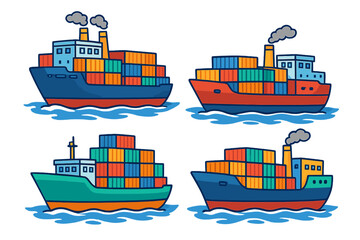 Set of colorful cargo ships with containers. Vector cartoon illustration for maritime transport, logistics, and global trade. Freight vessel collection for import and export.