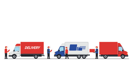 Flat design parcel delivery service with trucks and couriers