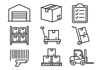 Warehouse logistics icon set, storage and inventory management linear collection, equipment handling vector cartoon illustration, transparent background ordered set