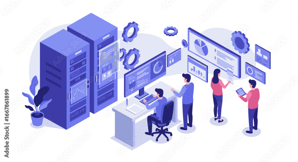 Poster isometric office scene with servers and team collaborating on data analysis