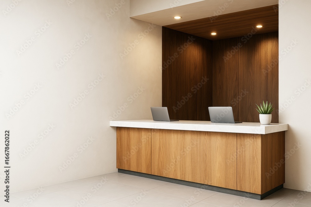 Poster modern wooden reception counter with laptops and plant in minimal interior with soft lighting and ti