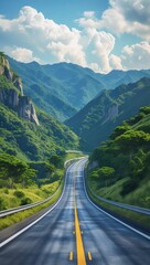Scenic Mountain Road Through Lush Green Valley – Serene Travel Landscape