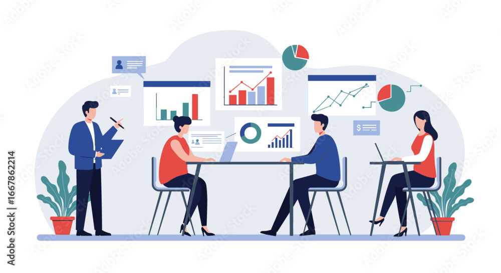 Poster collaborative team meeting with data analysis and charts in modern workplace