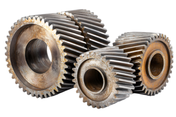 Close-up of three metallic gears showcasing intricate teeth and textures against a white background