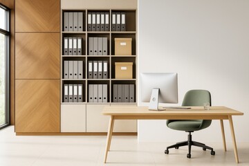Minimalist modern office room with wooden shelves, light walls, and organized workspace featuring computer and green chair on tiled floor.