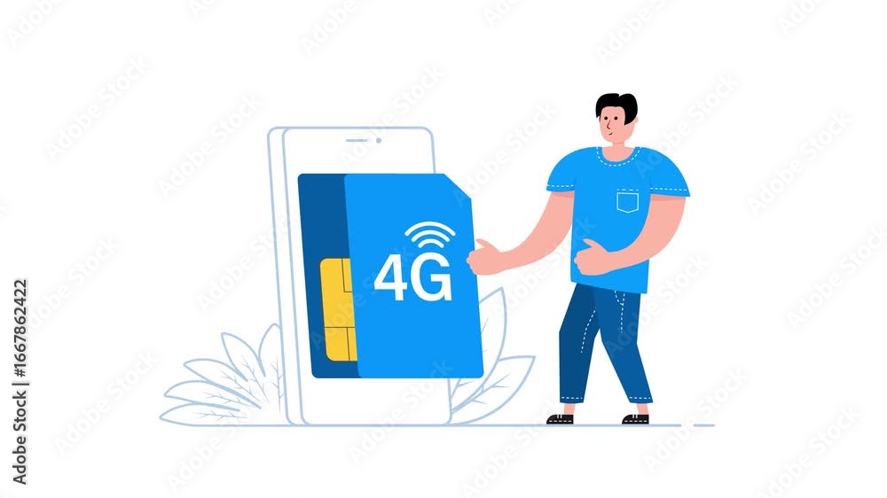 Poster man inserting sim card in smartphone with white and green screen background