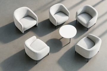 Minimalist modern lounge with five white armchairs and round table in bright contemporary interior space casting long shadows on the floor.
