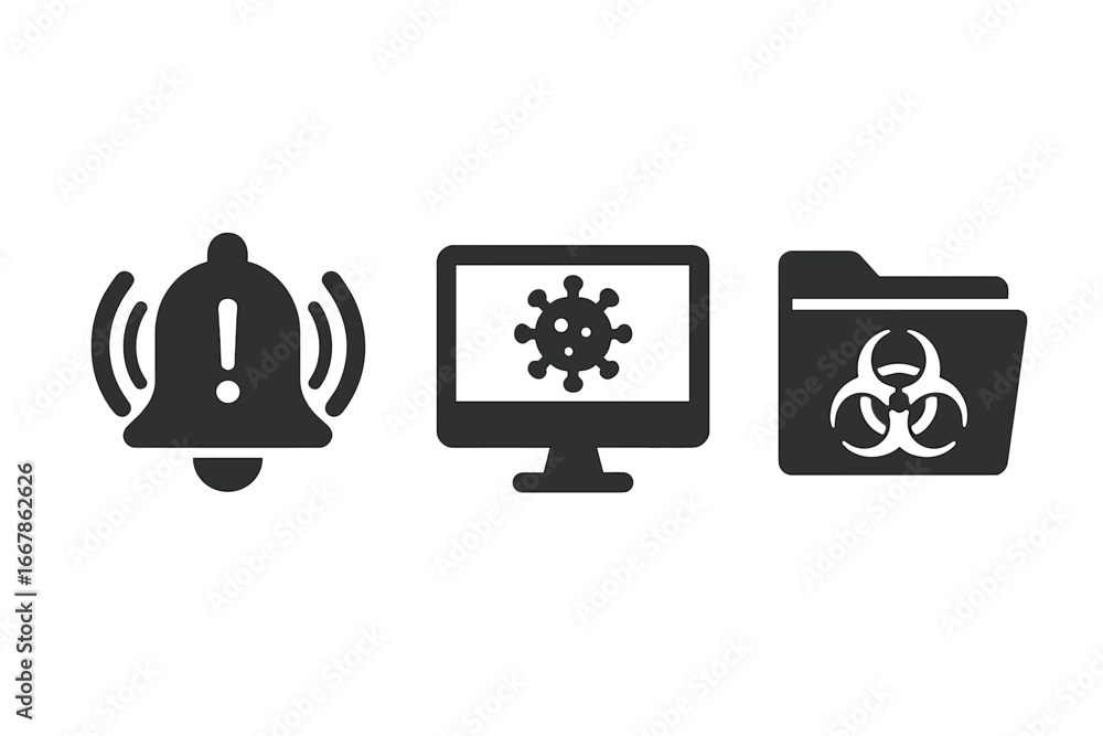 Poster threat detection icon set. cybersecurity concept with alert bell, computer virus scan, and quarantin