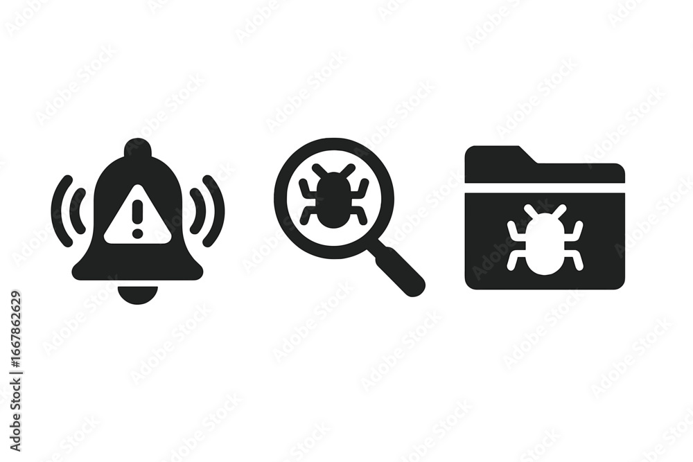 Poster cybersecurity glyph icon set. threat detection, virus scan, response concept. ringing alert bell, bu