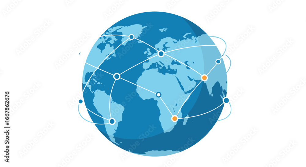 Poster global communication network: blue planet with connected nodes