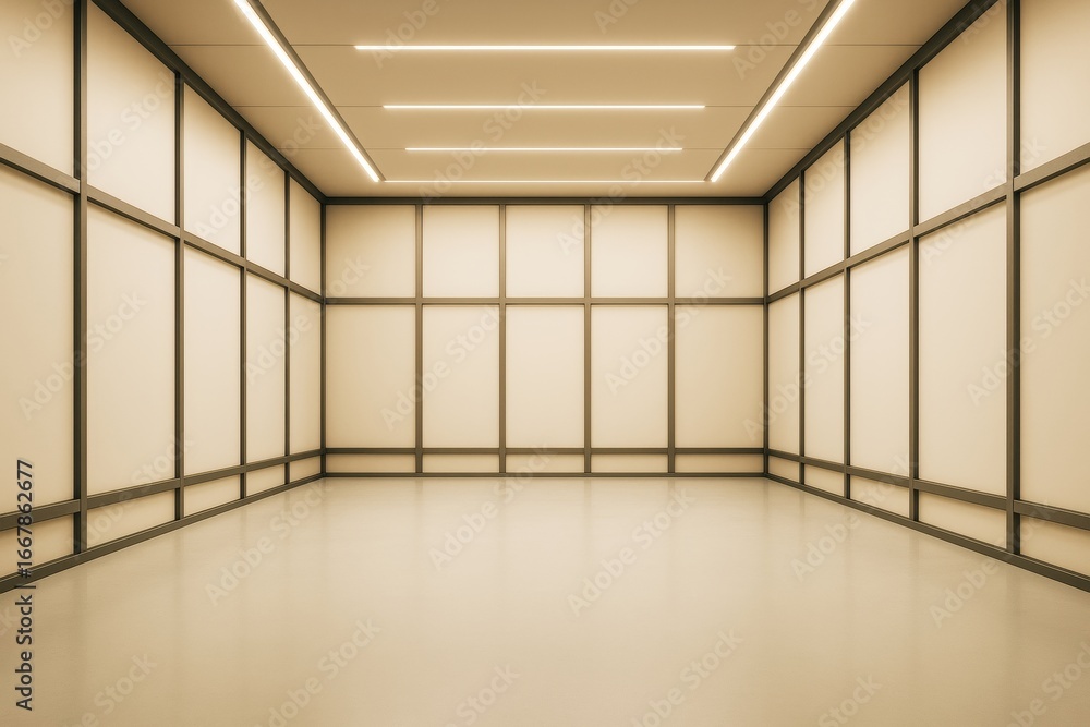 Poster modern minimalistic interior with soft lighting and paneled walls in an empty room, showcasing conte
