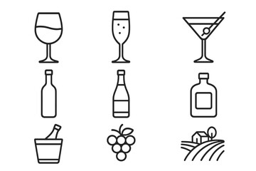 Wine and Spirits Line Icon Set with Glasses, Bottles, Vineyard Symbols, Champagne, Martini, and Winery Elements - Vector Cartoon Illustration Collection with Transparent Background
