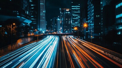 Naklejka premium Night city highway with light trails