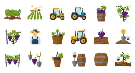 Vineyard and harvest icons: grapes, tractors, and winemaking symbols