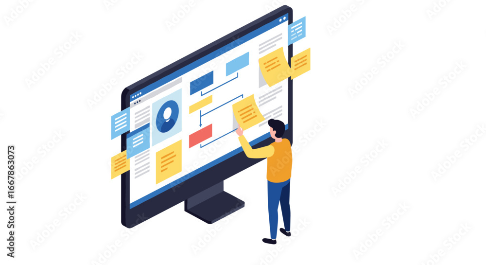 Poster isometric digital workflow with sticky notes and charts on monitor