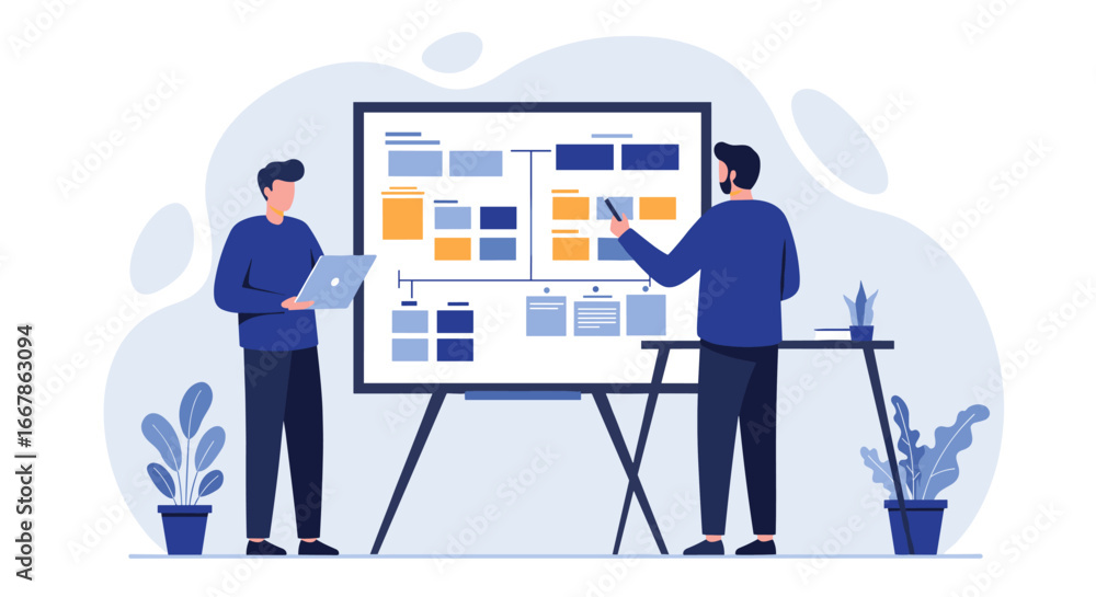Poster collaborative workflow diagram with team analysis and strategy planning in modern office setting
