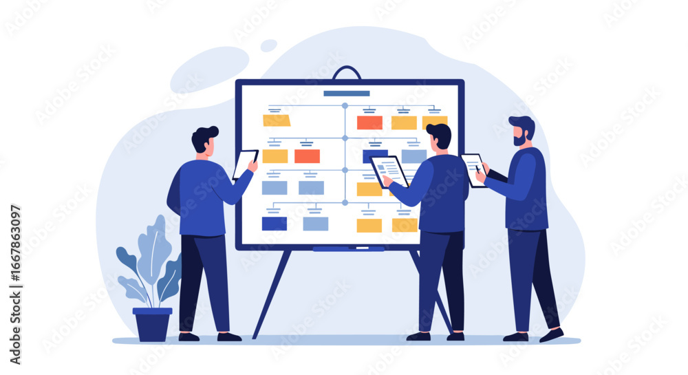 Poster collaborative workflow planning with team analyzing flowchart on modern board