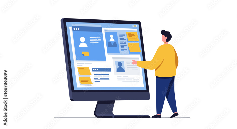 Poster man interacting with large computer screen displaying social profiles