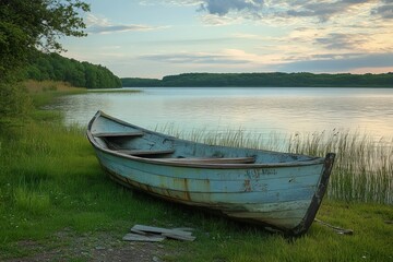 Obraz premium Old boat on lake shore at sunset