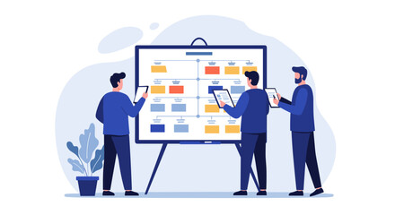 Collaborative workflow planning with team analyzing flowchart on modern board