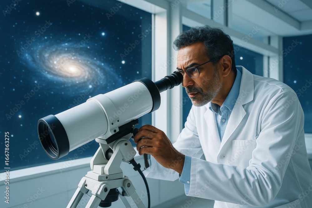 Aufkleber scientist observing galaxy through telescope in modern observatory with cosmic background, concept o