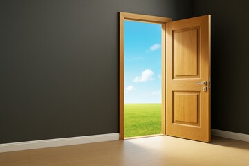 Wooden door open to bright green field under blue sky in empty modern room with dark walls and wooden floor, interior with natural light concept.