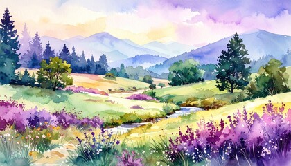 Peaceful Watercolor Countryside Landscape with Soft Colors
