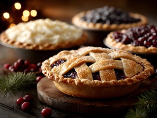 Assorted festive pies with lattice crusts on wooden boards are beautifully arranged for holiday celebration.