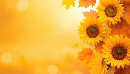 Obraz premium Autumn celebration with sunflowers and fall leaves outdoor garden floral arrangement warm color palette close-up view nature's beauty