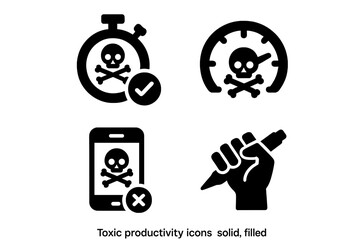 Toxic productivity solid icon set. Burnout, workaholism, and mental health concept. Deadline pressure, performance stress meter. Hustle culture and overwork vector glyph icons.