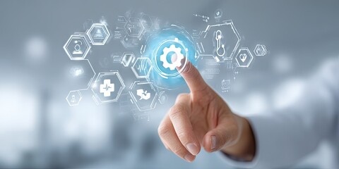 A hand interacts with a holographic interface displaying healthcare-related icons and a central gear, suggesting technological advancements in medicine and efficient system management