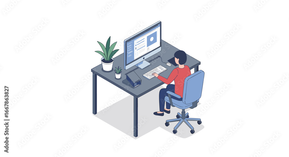 Poster modern workspace isometric design with person at computer desk