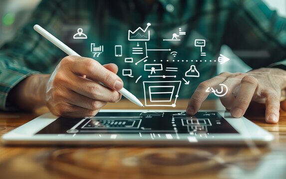 Person using digital tablet with design concepts