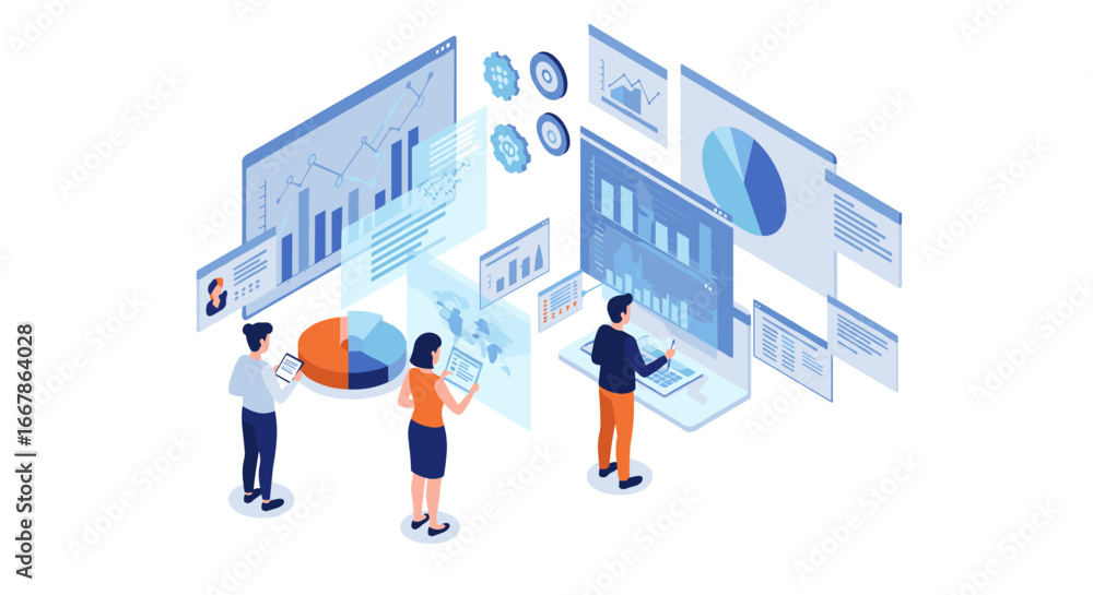 Poster isometric data analysis and business strategy with charts and graphs