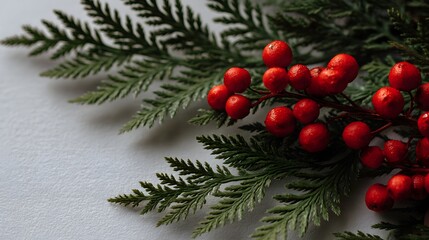 Evergreen branch with bright red berries creates a festive holiday backdrop for seasonal celebrations.