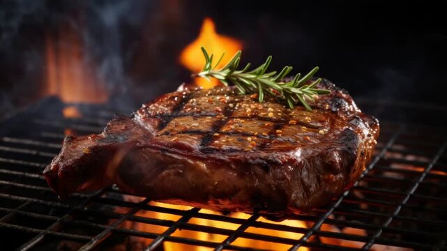 Barbecue steak with herbs sizzling on fire  
