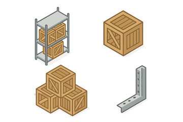 Warehouse isometric icon set. Vector illustration of storage and logistics elements. Wooden crates, cargo boxes, metal shelving rack, and industrial hardware bracket.
