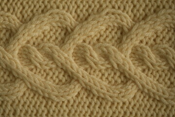 ivory texture of knitted wool fabric as a background, ivory smooth symmetrical braided cable knit pattern of hand-knitted needlework