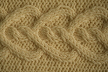 Fototapeta premium ivory texture of knitted wool fabric as a background, ivory smooth symmetrical braided cable knit pattern of hand-knitted needlework
