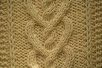 ivory texture of knitted wool fabric as a background, ivory smooth symmetrical braided cable knit pattern of hand-knitted needlework