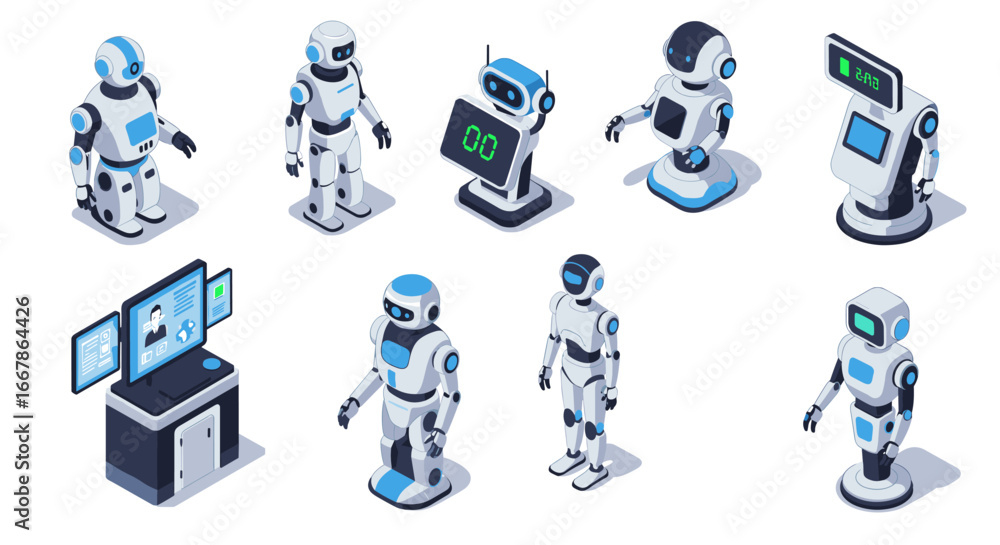 Poster futuristic robotics collection featuring diverse ai designs and interfaces