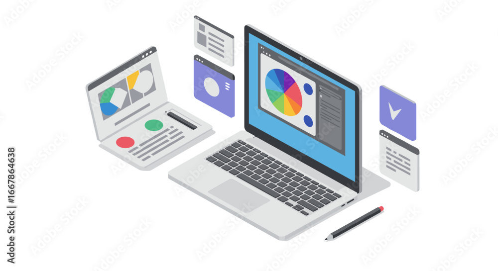 Poster isometric laptop graphic design workspace with color palette and editing tools