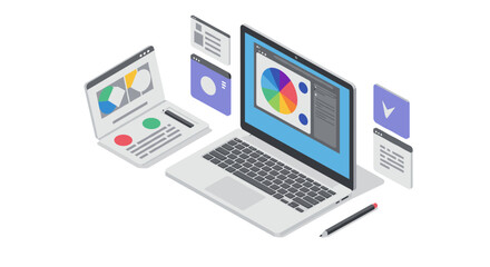Isometric laptop graphic design workspace with color palette and editing tools