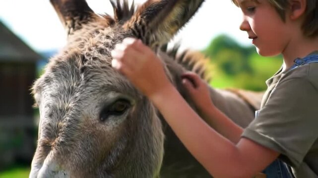 The boy and his donkey, the boy is petting the donkey on the head.